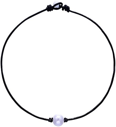 White Single 12 mm Artificial Pearl Handmade Choker Necklaces for Women on Black Original Leather Cord (15''Blackleather-C)