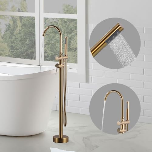 ARCORA Floor Bathtub Tap, Freestanding Bathtub Mixer, Pillar Bathtub Tap with Hand Shower, 360° Swivel, Copper and Stainless Steel, Ceramic Cartridge, Gold