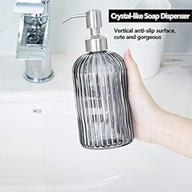 Easy-Tang Soap Dispenser 18 Oz Clear Glass Soap Dispensers with Rust Proof Stainless Steel Pump, Vertical Stripe Design… 41P7Sbml17L