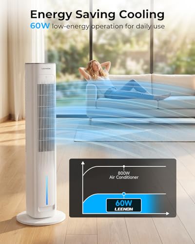 LEENON Silent Column Fan, 3L Capacity Oscillating Fan with Remote Control and 3 Speeds, 3 Modes and 12H Timer Column Fan for Home and Office – White