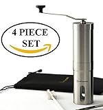 SALE NOW Quantahome Manual Coffee Grinder adjustable ceramic burr with Bag, Brush & Scoop. Stainless Steel-Best for perfect ground coffee, spices and herbs-Aero press compatible