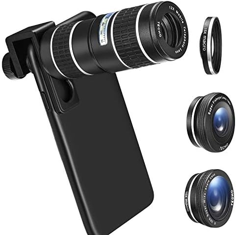 Phone Camera Lens Kit, TECHO 5 in 1 Cell Phone Lenses - 12X Zoom Telephoto Lens + Wide Angle Lens + Fisheye Lens + Macro Lens + Monocular Telescope Compatible with iPhone, Android, Samsung Smartphones