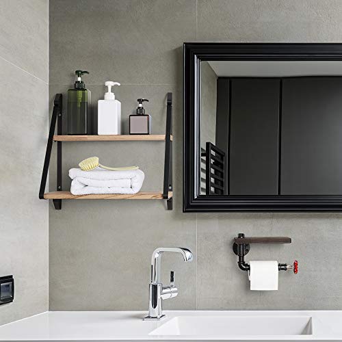 JS NOVA JUNS Paper Tower Holder Wall Mount, Industrial Toilet Paper Holder with Wood Shelf, Wrought Iron Pipe Tissue Holder for Bathroom, Washroom, Black
