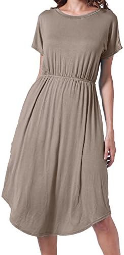 Succlace Women Plain O Neck Pleated Loose Swing Beach Casual Midi Dress Khaki XL