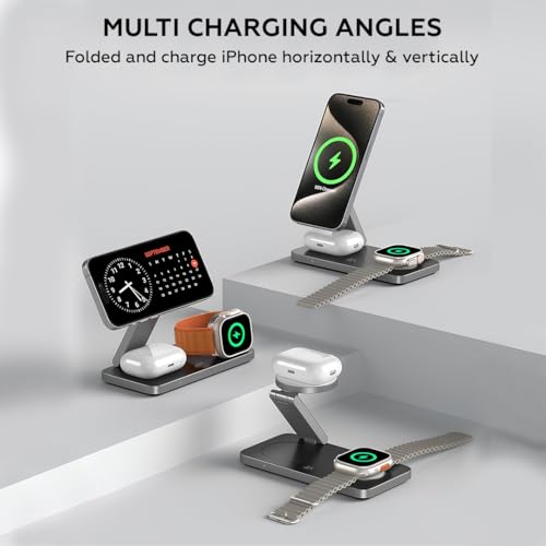 AMROAH Foldable 3 in 1 Wireless Charging Station for Apple Compatible with Magsafe Charger Stand, Magnetic Wireless Charger Station for iPhone 17 16 15 14 13 12, Airpods Pro, Apple Watch (Black)