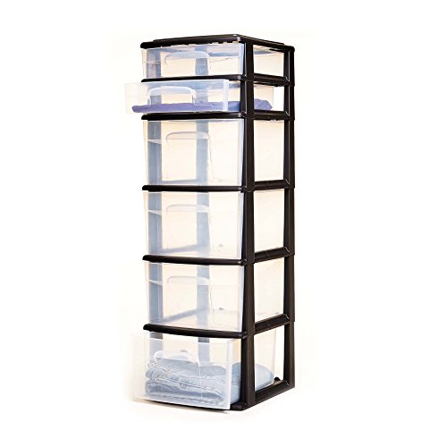 HOMZ Plastic 6 Drawer Medium Storage Tower, Black Frame, Clear Drawers