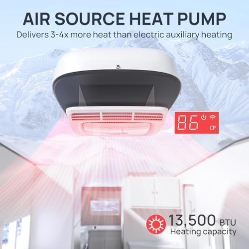 TURBRO Inverter 13.5K BTU RV Air Conditioner with Cooling and Heat Pump | Non-Ducted Low-Profile Rooftop Unit | Quiet Operation | WiFi & Remote Control | LED Atmosphere Light, White | Non-Ducted Low-Profile Rooftop Unit, Quiet Operation, WiFi & Remote Control, LED Atmosphere Light, White