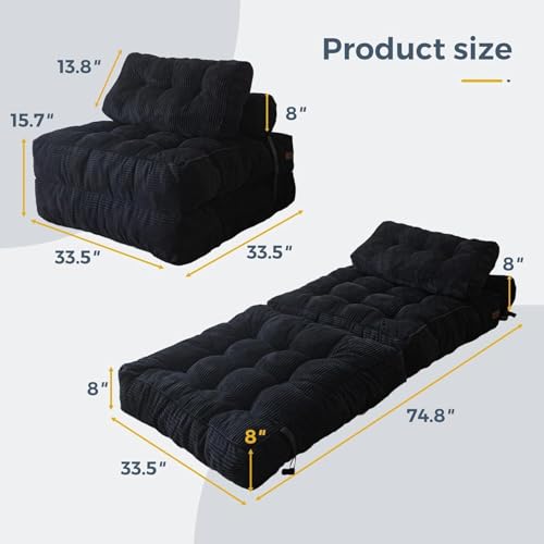 CTOBY Folding Sofa Bed, Convertible Sleeper Chair with Pillow Foldable Mattress with Back Support, Portable Fold Out Chair Bed Comfy Floor Sofa Lounge for Living Room Bedroom, Black, Single