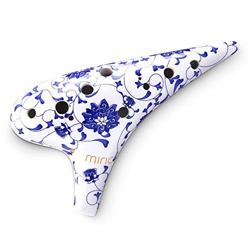 Ocarina, Miric Ocarina, Alto C, 12 Holes 13 Degree Tone, Traditional Lotus Flower Patterns, with Tutorial and Songbook, Easy to Play - Blue/White