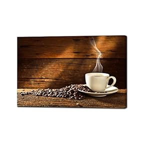 Canvas Wall Art - Coffee Cup and Coffee Beans on Old Wooden Background - Giclee Print Gallery Wrap Modern Home Art Ready to Hang - 12" x 18"