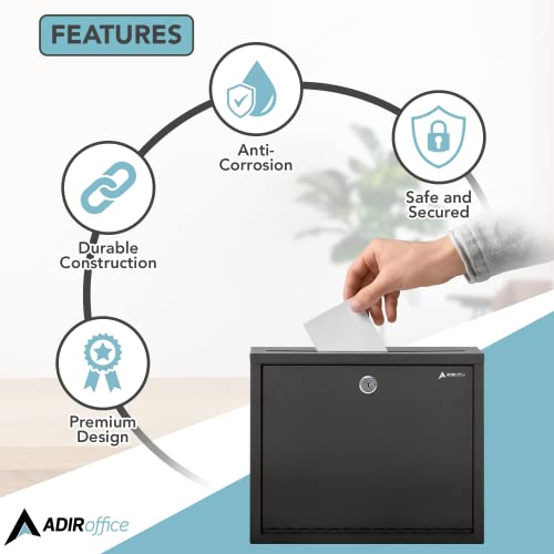 Adir Metal Suggestion Box with Lock and Slot, Wall Mount Deposit Box for Payments and Checks, Office Mail Box for Employees, Mailbox for House, Safe Drop Box with Keys - 3x10x12 Inch Black