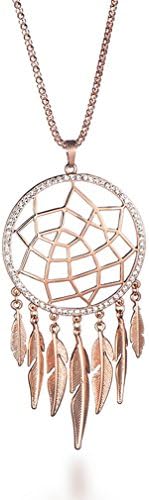 BIRSTONE Dazzling Czech Rhinestone Dream Catcher Feather Pendant Necklace , Rose Gold