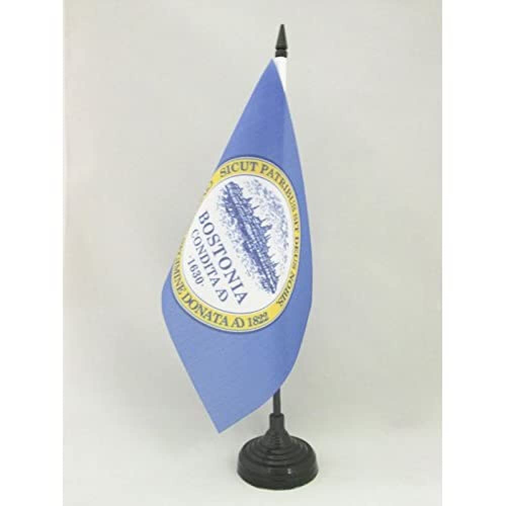 AZ FLAG Boston City Table Flag 5'' x 8'' - Boston Office Decoration 100% Polyester 21 x 14 cm - Mini Desk Flag with Pole and Black Plastic Base