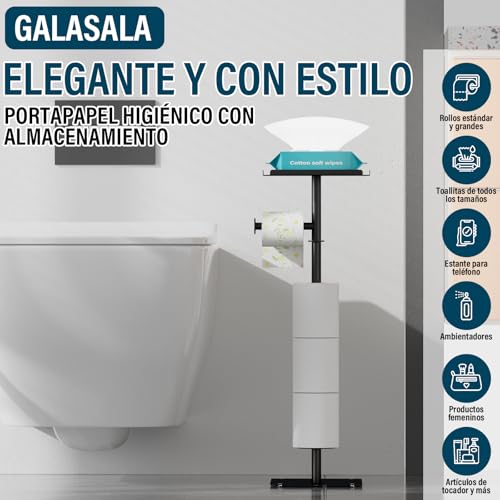 GALASALA Porta Rollos Papel de Baño de Pie, Porta Papel de Baño de Acero Inoxidable, Soporte Portarollos Papels Higienico con Base Antideslizante, para 4 Rollos de Repuesto y 2 Ganchos