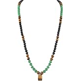 Money Attraction Necklace With Green Aventurine and Tiger Eye Pendant,8mm Black Obsidian Protection Beaded Long Chain, Feng Shui Good Luck Wealth Healing Stone Jewelry Gift for Men Women