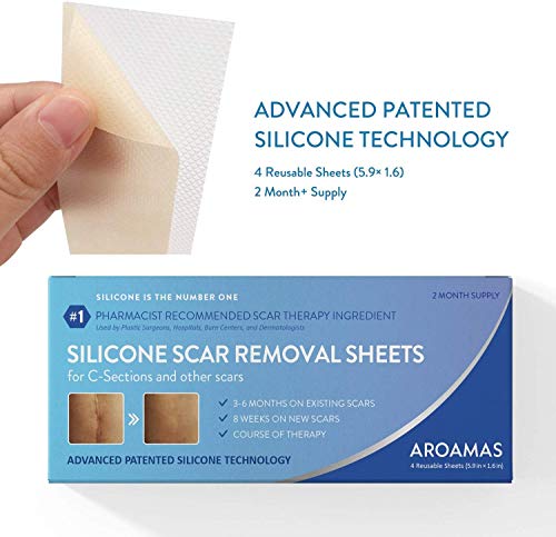 Aroamas Professional Silicone C-Section Scar Removal Sheets, Soft Adhesive Fabric Strips, Drug-Free, Relieves Itching, Remove Keloid Scars, Acne. 5.9" âœ• 1.6", 4 pcs (2 Month Supply), Beige
