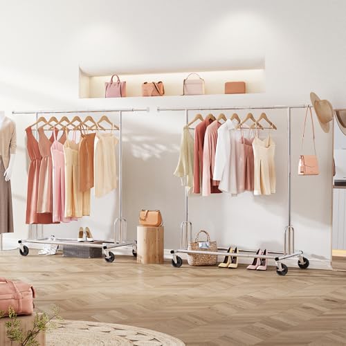 Tajsoon Heavy Duty Clothes Rack Foldable Garment Rack with Wheels and Extendable Rod, Freestanding Clothing Rack for Hanging Clothes, Adjustable ＆ Collapsible Rolling Racks with Bottom Shelf, Chrome