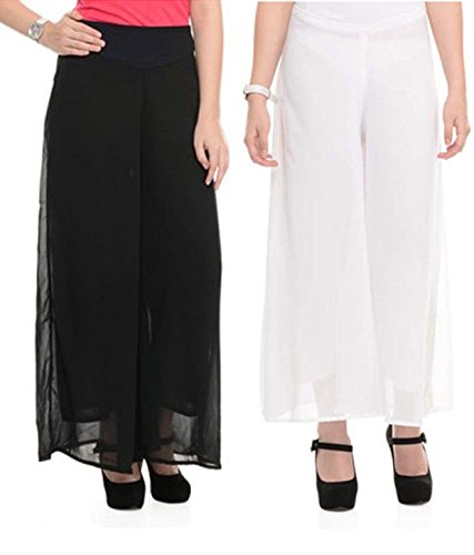 buynewtrend black white georgette palazzo pack of 2