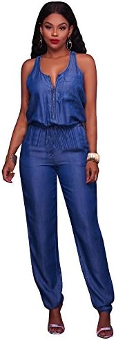 SMUDGE Life Women's Blue Sexy Sleeveless Bodysuit Denim Romper Hole Jean Tank Jumpsuit