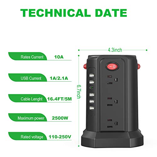 Surge Protector Power Strip 16.4FT/5M 5 USB Ports 12 Outlet Power Strip with USB Long Cord Outlet Surge Protector Tower Overload Protection, Short Circuit Protection