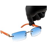 Rimless Gold Frame Blue Rectangle Sunglasses for Women Men Vintage Woodgrain Cool 90s Hip Hop Frameless Retro Trendy Square Party Shades