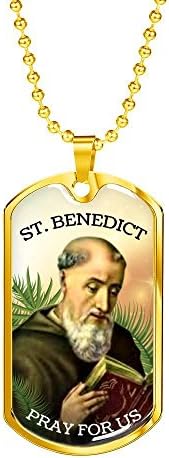 ExpressYourLoveGifts Saint Benedict Stainless Steel Silver Tone or 18k Gold Luxury Dog Tag Necklace w 24" Ball Chain Box Packaged