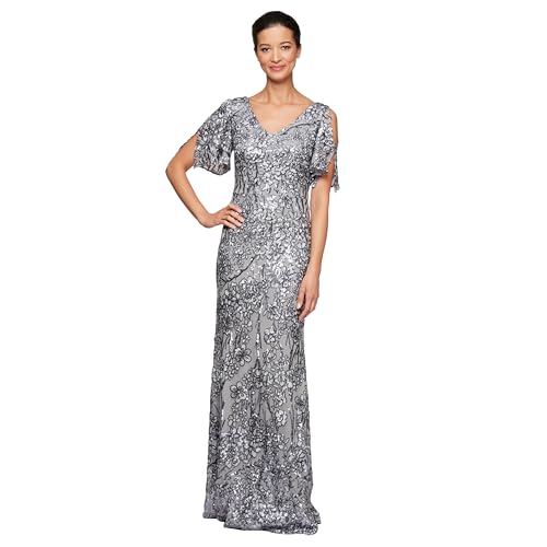 Alex Evenings Women's Long Mother of The Bride Sequin Dress with Cold Shoulder Flutter Sleeves (Petite and Regular Sizes) Special Occasion, Silver, 14