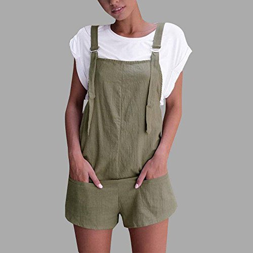 Women's Elastic Waist Jumpsuit Dungarees Linen Cotton Pockets Rompers Playsuit Shorts Pants(Green,M)