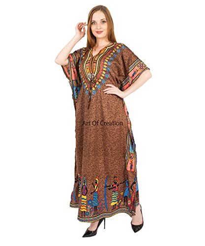 Art Of Creation Women's Casual Polyster Long Kaftan Dress Maxi Caftan Dress Gown Top Night Dress (Free Size Adjustable) (Brown) at Amazon
