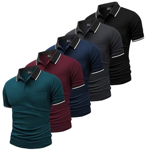 JACKETOWN 5 Pack Men's Polo Shirts Short Sleeve Lightweight Breathable Tennis Adult Polo Shirts Collared
