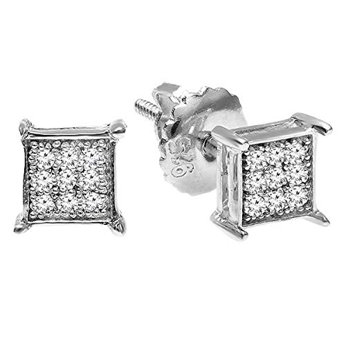 0.06 Carat (ctw) Round Diamond Men's Hip Hop Iced Stud Earrings, Platinum Plated Sterling Silver - Thumbnail 6