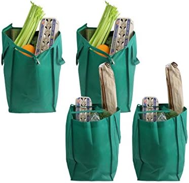 Cherlex 4 Piece Bundle Large Reusable Grocery Tote Bags, 2 Thermal Insulated Shopping Totes, Collapsible Eco Grocery Bag with Zipper, Included with 2 Reusable Grocery Bags (Green)