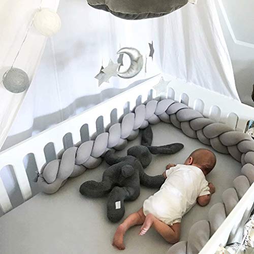 LOAOL Baby Crib Bumper Knotted Braided Plush Nursery Cradle Decor Newborn Gift Pillow Cushion Junior Bed Sleep Bumper (2 Meters, Gray)