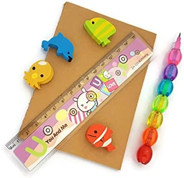 BUMOS Stationary Set Includes Stackable Plastic Pencils Rainbow Color, Eraser, Ruler and Notebook, Gift Set for Boys and Girls (SE-A4)