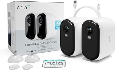 Essential HD XL Telecamera WiFi Esterno Senza Fili, Telecamera WiFi Interno, Batteria Da 24 Mesi*, Sirena Allarme Casa, Sensore Di Movimento, Prova Arlo Secure Inclusa, 2 Telecamere, Bianche