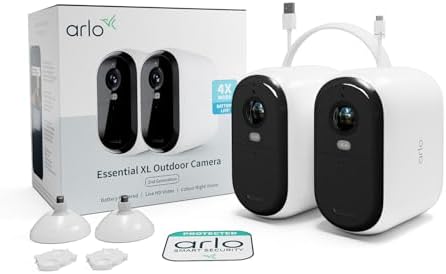 Essential HD XL Telecamera WiFi Esterno Senza Fili, Telecamera WiFi Interno, Batteria Da 24 Mesi*, Sirena Allarme Casa, Sensore Di Movimento, Prova Arlo Secure Inclusa, 2 Telecamere, Bianche