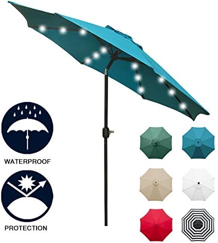 Sunnyglade 9 Solar 24 Led Lighted Patio Umbrella With 8 Ribs Tilt Adjustment And Crank Lift System Teal Blue