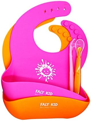 Waterproof Silicone Bibs Easily Clean! Silicone Baby Bibs Gift Bundle for Boys &amp; Girls. Set of 2 Silicone Bibs + BONUS 2 Silicone Spoons Free (Pink/Orange)