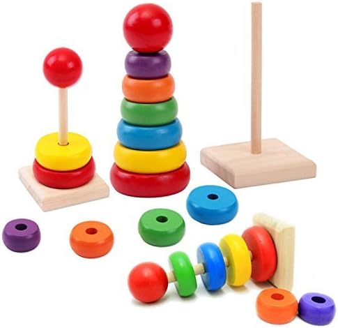 Wooden Toy Rainbow Tower Ring Kid Baby Stacking Stack Up Nest Learning Education