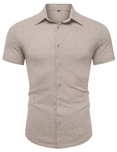 URRU SHORT SLEEVE BUTTON DOWN MUSCLE SHIRTS FOR MEN SUMMER WRINKLE FREE BUSINESS DRESS SHIRT SLIM FIT (KHAKI, X-LARGE)