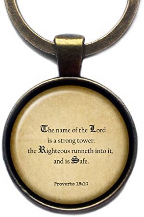 Proverbs 18:10 "The name of the LORD is a strong tower.." King James Version KJV Bible Bronze Keychain Key Ring