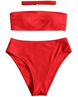 Womens High Waisted Swimsuit Two Piece Bikini Set Off Shoulder Strapless Elastic Swimwear (L, Red)