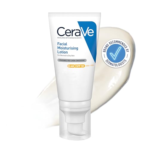 CeraVe AM Facial Moisturising Lotion SPF50 With 3 Essential Ceramides, Vitamin E, Niacinamide, MVE Technology, UVA UVB Protection, For Normal to Dry Skin, Lightweight, Non-Greasy, Allergy Tested, 52ml