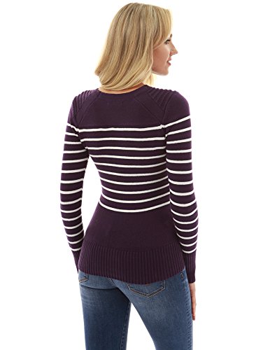 PattyBoutik Women Crewneck Striped Military Sweater (Dark Purple and Ivory Small) - Thumbnail 3