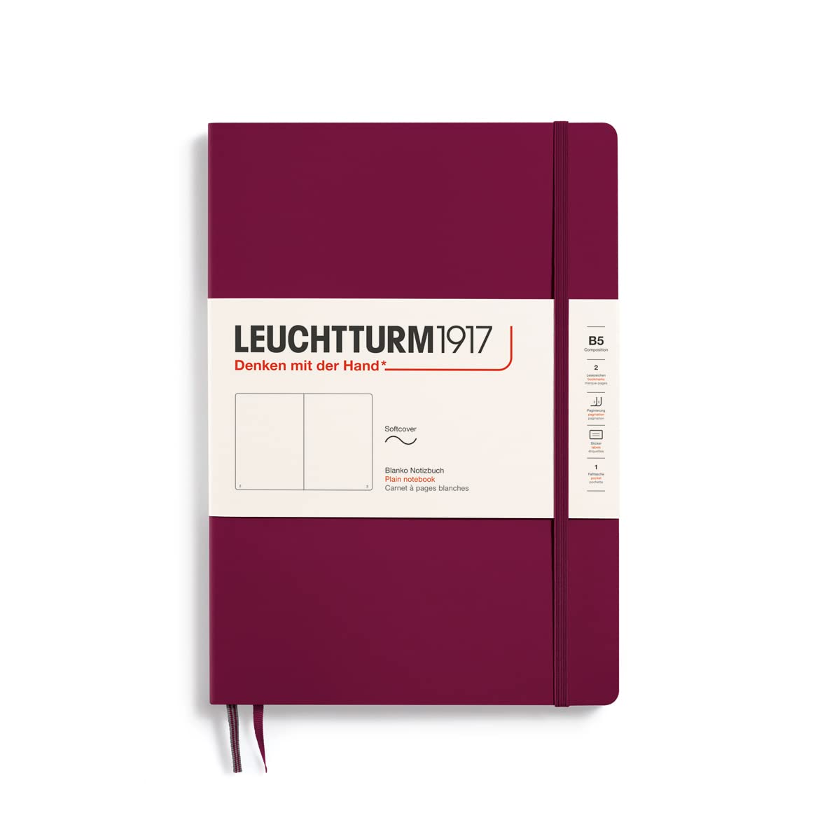 LEUCHTTURM1917 359674 Notebook Composition (B5), Soft Cover, 123 Number Pages, Blank, Port Red