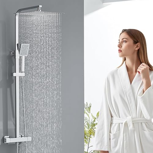 Auralum Thermostatic Chrome Shower Column with Brass Mixer Tap 30 x 30 cm, Square Hand Pump, Height Adjustable – Complete Bathroom Kit