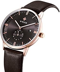 Men's Casual Classic Analog Quartz Day Calendar Simple PU Leather Band Wrist Watch Coffee