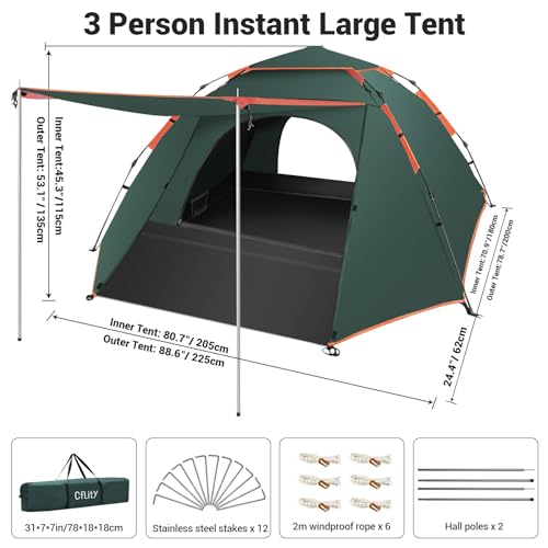 Cflity Camping Tent, 3 Man Pop Up Tent Automatic Instant Three Layer Waterproof 4 Season Large Dome Tent & Shelters with Extended Floor Mat Porch 2 Hall Poles Removable Rainfly