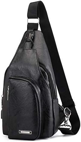 Men's Sling Bag Waterproof Leather Shoulder Chest Crossbody Bag with USB Charging Port (#10)