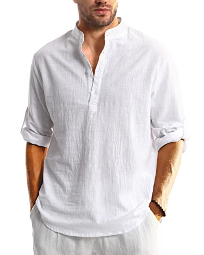 HAKJAY COTTON LINEN SHIRTS FOR MEN CASUAL SHIRTS LONG SLEEVE HENLEY BEACH SHIRTS HAWAIIAN T SHIRTS FOR MEN WHITE SMALL